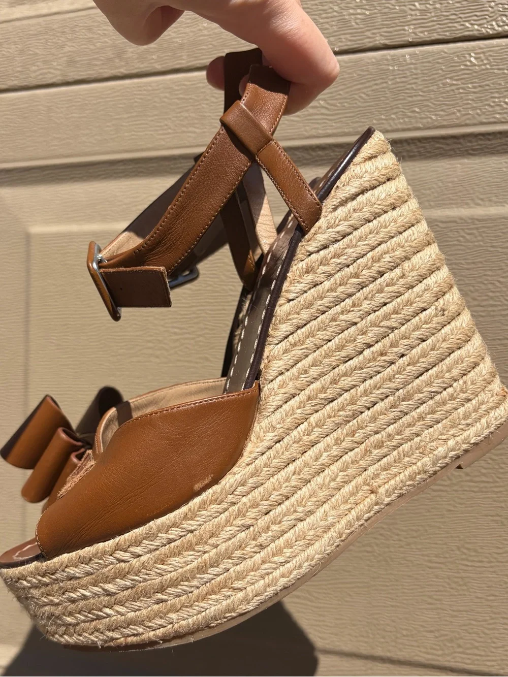Valentino Brown Rockstud Leather Espadrille Wedge Sandals with Bow Accent
